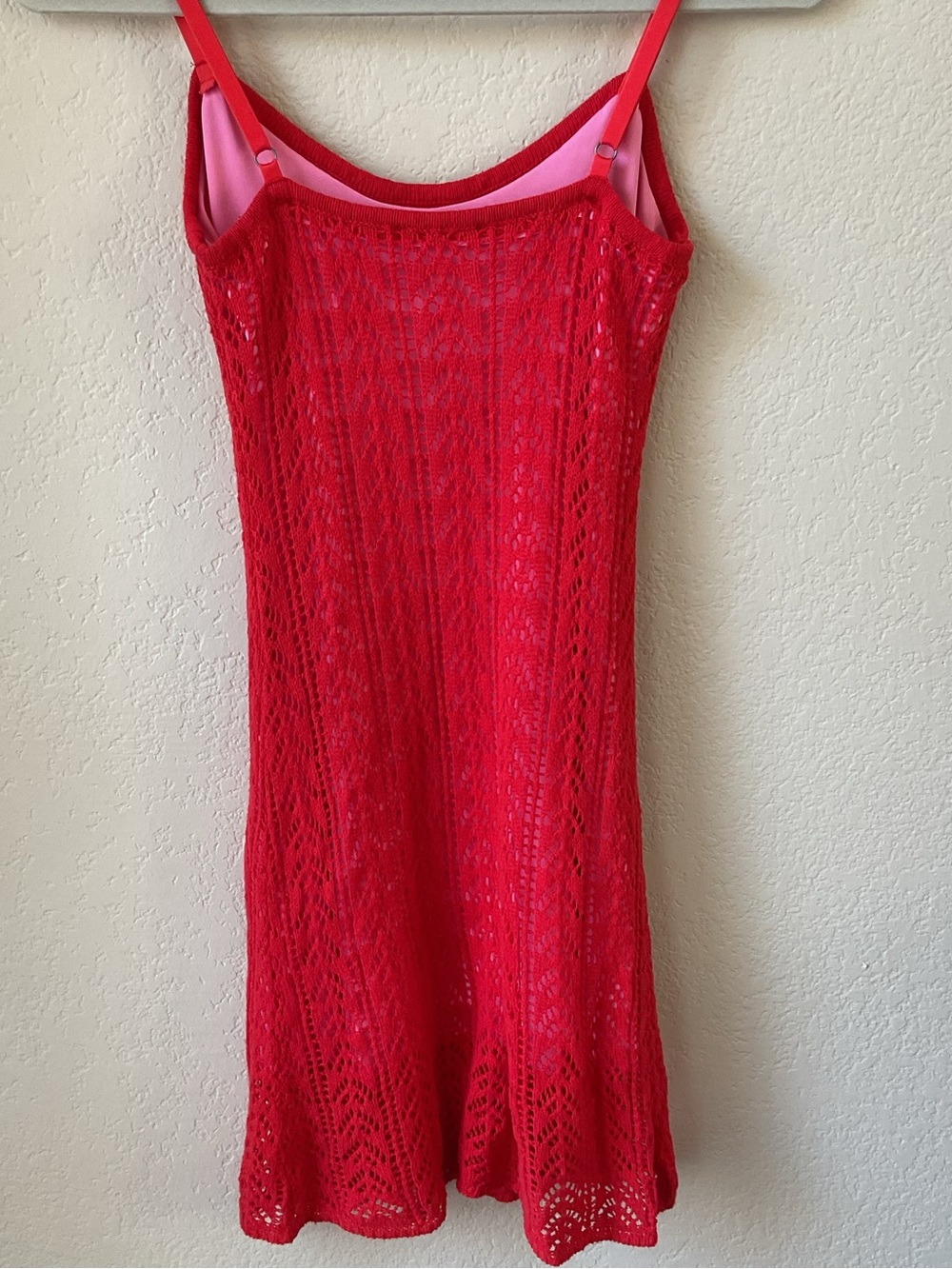 Red Crochet Knit Mini Dress XS S Pink Contrast Lining Strappy Summer Festival - Picture 4 of 6